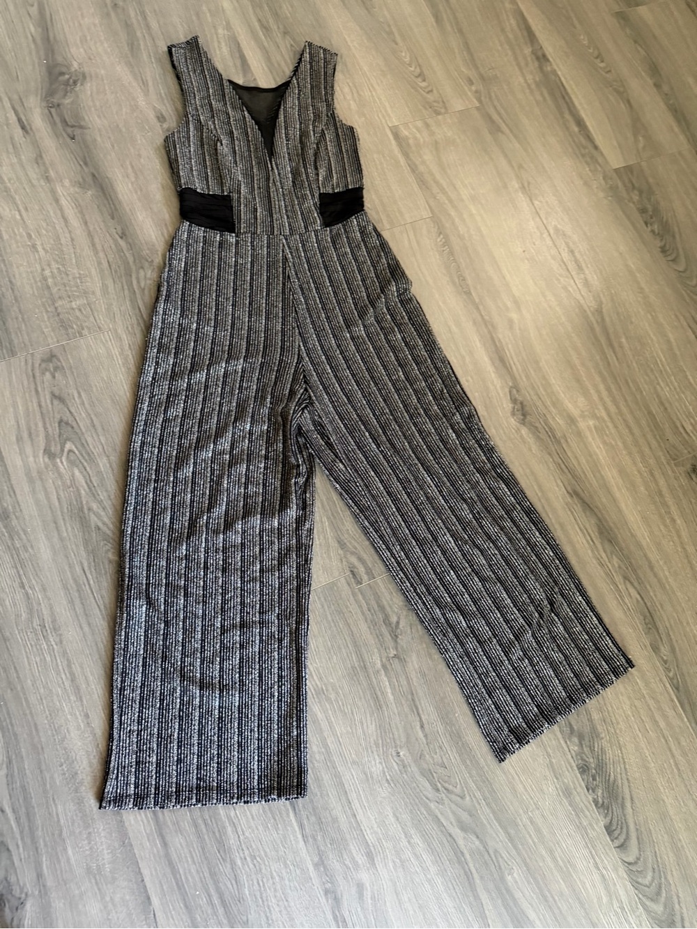 Enfocus Studio Metallic Black and Silver Striped V-Neck Jumpsuit Size 6